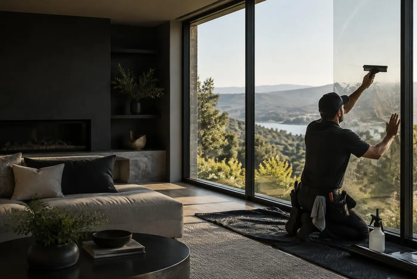 Installer applying solar window film inside a modern home